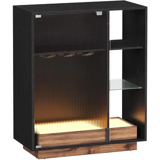 VASAGLE Weinschrank mit Beleuchtung, Sideboard mit LED, Küchenschrank für Weinflaschen, Barschrank mit Weinglashalter, geriffelte Glastür, für Wohnzimmer, ebenholzschwarz BBK361B21