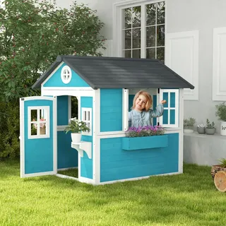 Outsunny Spielhaus aus Holz mit Fenster, Blumenregal, Pflanzenkasten und Tür Blau , 114x135x126.4 cm , Freizeit & Co, Gartenspielzeug, Spielhäuser