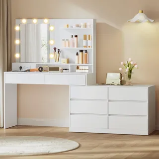 VASAGLE Kailyn Kollektion - Schminktisch mit Spiegel und LED-Beleuchtung, Frisiertisch 9 Glühbirnen, 8 Schubladen, 3 Ablagen, 3 Lichtfarben, gerade oder L-förmig, wolkenweiß RDT140WB01