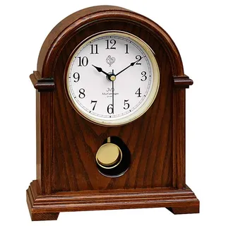 JVD HS13.1 Tischuhr Quarz mit Pendel Holz eiche farben dunkel mit Melodie - Weiß, Schwarz