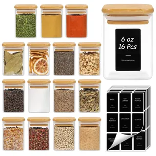 ComSaf Gewürzgläser Eckig, Glas-Gewürzstreuer für Gewürze 120 ml, 12er Set | Borosilikat, Bambusdeckel, Gewürzdosen, Gewürzbehälter, Etiketten, Kräuter, Tee und Kaffee