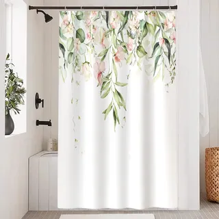 Uiiooazy Duschvorhang 120x200cm Anti Schimmel Grün Eukalyptus Rosa Blumen | Duschvorhang Salbeigrün Blätter Pflanzen Motivo Wasserdicht Waschbar Stoff Polyester Bad Vorhang mit 8 Haken für Badezimmer