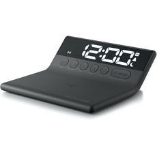 MUSE Wecker mit Ladestation für Handy, drahtloses Aufladen von iPhone oder Android-Telefon, weisses LED-Display, Snooze-Funktion, Dimmer, schwarz