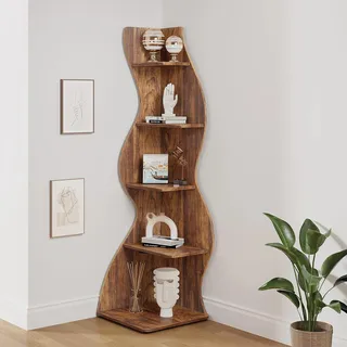 Eckregal - 5-stöckiges Wand-Eckbücherregal - Rustikales Standregal - Kleines Bücherregal und Pflanzenständer - Platzsparende Aufbewahrung - Dunkel khaki - Grün