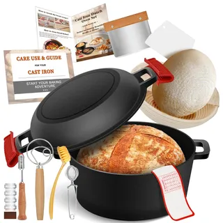 NZQXJXZ Gusseisen Topf Dutch Oven für Brotbacken, 26cm Brotbackform mit Banneton Brot Gärkorb Sauerteig Brotbacken Zubehör, 2-in-1 Brotbacktopf mit Pfanne Deckel Kochen Pan