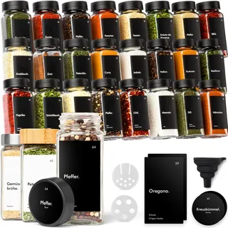 KIVY Gewürzgläser mit Streueinsatz [24x 120ml] + 240 Wasserfeste Etiketten - Luftdichte Gewürzgläser Eckig - Gewürzstreuer Glas - Spice Jars Set - Gewürzbehälter Leer - Gewürzdosen Schwarz
