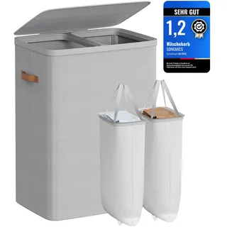 Songmics Wäschekorb, 170 L Wäschesammler 2 Fächer, Wäschesortierer, leichter Aufbau, mit Deckel und Griffen, herausnehmbarer Wäschesack, 56 x 40 x 75 cm, taubengrau LCB813G01