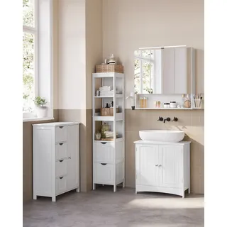 VASAGLE Spiegelschrank Bad mit Beleuchtung, Waschbeckenunterschrank, Badezimmerschrank, Hochschrank Badezimmer, 4er Set, verstellbare Ablage - Weiß