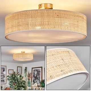 HOFSTEIN Deckenleuchte Foggia, Deckenlampe aus Metall/Rattan/Stoff/Kunststoff in Nickel-matt/Naturfarben/Weiß, runde Boho Leuchte (Ø 50 cm), E27, Esszimmer, Wohnzimmer, Schlafzimmer, Küche, Flur