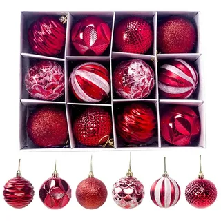 12er Set edle Weihnachtskugeln Ø 6cm Weihnachtsbaum Kugeln Christbaumkugeln Weihnachts-Deko Christbaum-Schmuck (Rot)