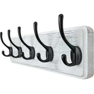 Holz-Garderobe mit 5 Haken – Wandmontage – 43,8 cm – Echtholz - Weiß