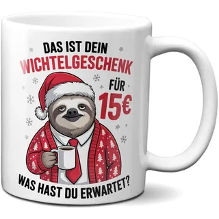 TassenKing Faultier Tasse: Das ist Dein Wichtelgeschenk für 15 Euro - Kaffeetasse lustig mit Spruch zum Wichteln als Geschenk für Kollegen (Weiß)