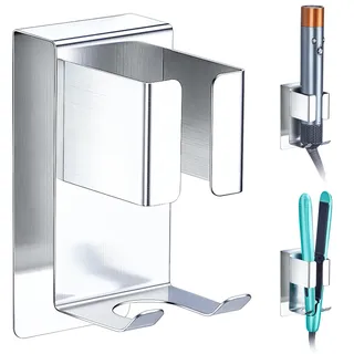 YYBO Glätteisen Halterung Ohne Bohren, Föhnhalter Wand, Lockenstab Halterung, Fönhalter Wandhalterung für Styler Zubehör Aufbewahrung, Fönhalterung Haartrocknerhalter für Bad, Silber (1 Stück)