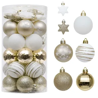 Valery Madelyn Weihnachtskugeln 35tlg. 5cm Plastik Christbaumkugeln Set, Weihnachtsbaumschmuck Dekoration Christbaumschmuck für Haus Dekoration Elegant Thema Weiß Gold