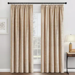 MIULEE Samtvorhäng Kräuselband mit Blattgolddruck Verdunklungsvorhänge Samt Gardinen Blickdicht Abdunklungsvorhang Thermovorhang Wohnzimmer Schlafzimmer 2er Set, 140 x 245 cm, Beige