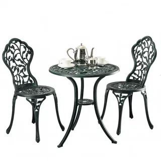 Relaxdays Gartenmöbelset Schwarz Grün 3-tlg.-Set Aluminiumguss Tisch , Dunkelgrün , Metall , rund , Gartenmöbel, Gartengarnituren, Balkonmöbel-Sets