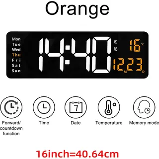 Große digitale LED-Wanduhr, Fernbedienung, Temperatur, Datum, Wochenanzeige, Speichertabelle, an der Wand montiert, zwei elektronische Wecker, 16 ZOLL, orange - Orange