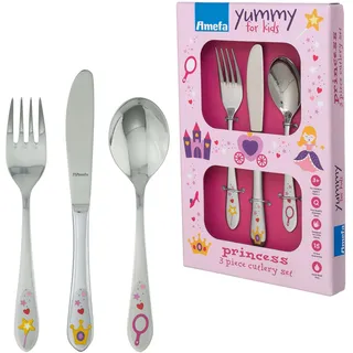 Amefa Princess Kinderbesteck Set für Kinder ab 3 Jahren, Edelstahl rostfrei & poliert, Spülmaschinenfest, Kinderbesteck 3-teilig, Mit Geschenketui
