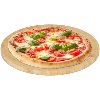 Relaxdays Pizzateller, natürlicher Bambus, Ø 32 cm, Servierbrett für Pizza, Flammkuchen, Käse, rundes Pizzabrett, Natur