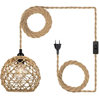 Rattan Hängelampe mit Stecker Steckdose Outdoor Lampe Hängend Deckenlampe Hängeleuchte Boho Deko Deckenleuchte Esstisch Lampen 4,5M Hanfseil Kabel Pendelleuchte für Schlafzimmer Küche