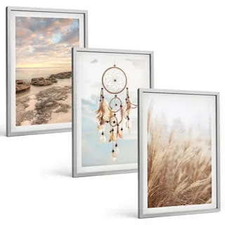 Tulup Bilder SET 3er Set - 40x60 cm Silberner Rahmen - Wolkenmeer, Traumfänger, Gras , Silberfarben , Kunststoff , Rechteckig , 40x60 cm , einfache und schnelle Anbringung , Bilder & Rahmen, Bilder