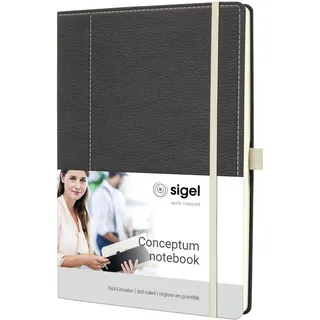 Sigel CO696 Notizbuch A4 dotted, Leder-Look grau, weiß, Hardcover, 194 nummerierte Seiten, nachhaltiges Papier, mit Inhaltsverzeichnis, Stiftschlaufe, Falttasche, Conceptum