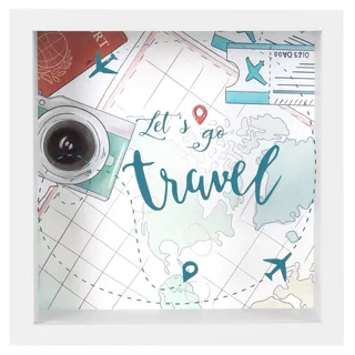 goldbuch 92 0093 Wunscherfüller Let's go travel, Spardose mit austauschbarem Hintergrund, Bilderrahmen aus MDF, Geldbox für Münzen und Scheine, Sparbüchse mit Wandhalterung, ca. 18 x 18 x 5 cm, Weiß