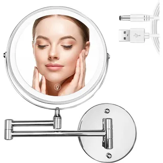 WITFAMILY Wiederaufladbar Kosmetikspiegel mit 1X/10X Vergrößerung LED Beleuchtung, Dimmbarer Rasierspiegel 3 Farben, Touchscreen, 360° Drehbar Wandmontage für Badezimmer und Hotel (Silber)