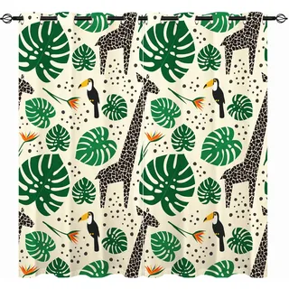 YUANZU Giraffen Vorhänge Tukan Dschungel Safari Tier Ösen Gardinen mit Blickdichte Thermo Vorhang Kälteschutz Blackout Curtain Kinderzimmer Schlafzimmer Verdunkelung Fenster, 2 Stück, H 160 x B 106 cm