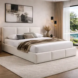 Home Collective Polsterbett Doppelbett 140x200 cm Samt beige mit Lattenrost aus Metall und Stauraum mit hydraulischem Bettkasten - Beige