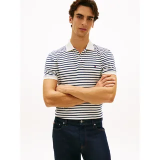 Poloshirt TOMMY HILFIGER "LIQUID COTTON REGULAR SEASONAL", Herren, Gr. M, weiß (ivory petal, carbon navy), Jersey, Obermaterial: 100% Baumwolle, normal hüftlang, Rippbündchen, Shirts Poloshirt, mit Logostickerei