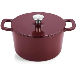 Fissler Moments Collection/Emaillierter Gusseisen-Bräter, rund (Ø 24 cm) Cast-Iron Topf, Cocotte AromaStar-Funktion, Induktion – Burgunderrot