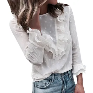 Rüschen Oberteile Damen Elegant ,Bluse mit Stickerei Spitzen Polka Dot Lässig Langarmshirt Party Oberteil T Shirt Langarm Tunika Top Blusen & Tuniken für Damen Spitzenoberteil Spitzenbluse Spitzentop