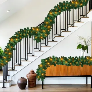 Vigevee 2er 5m Weihnachtsgirlande mit Beleuchtung, Tannengirlande Künstlich mit 100 LEDs Warmweiß 8 Leuchteffekte, Weihnachtsdeko Girlande für Innen und Außen, Stairs, Fireplace