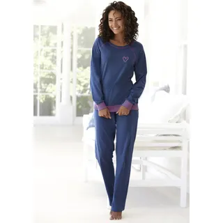 Pyjama VIVANCE DREAMS, Damen, Gr. 40/42, blau (jeansblau, meliert), Single Jersey, Obermaterial: 60% Baumwolle, 40% Polyester, kontrastfarbene Details, meliert, unifarben mit Farbeinsätzen, regular fit lang, Rundhals, Raglanärmel Bündchen kontrastfarben, Homewear-Sets Pyjama, mit dekorativen Flatlock-Nähten in Neonfarben