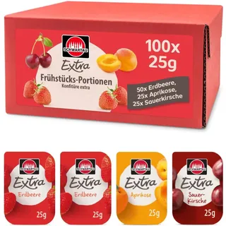 Schwartau Extra Mix-Box | 3 Sorten Marmelade in Portionsschalen | 100 x 25g | Konfitüre in Einzelportionen | Für Frühstück & Brunch | Ideal für Buffet, Café & Hotel | Für Gastronomie & Catering
