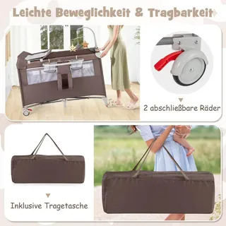 5 in 1 Beistellbett klappbar Reisebett mit Matratze 2 Ebene Babybett mit Rollen Braun - Braun