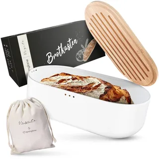 Vezato Brotbox – Nachhaltiger Brotkasten für lange Frische – Extra großer Brotkorb mit Bambusdeckel & Schneidebrett – Nachhaltiger Brotbehälter inkl. Brotsack