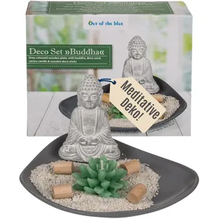 Out of the Blue Dekoteller Holz grau - Maße ca. 20 × 16 cm - Deko-Set mit Buddha, Kaktuskerze & Sand - Zen Tischdeko - Geschenkfertig verpackt