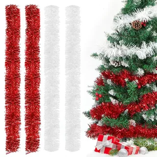 Weihnachtsgirlanden Rot Weiß, 4pcs Lametta Girlande, 2m Lametta Weihnachtsbaum Rot Weiss, Lametta Girlande Weihnachten, Weihnachtsdeko Lametta für Weihnachtsbaum, Geburtstagsparty Deko