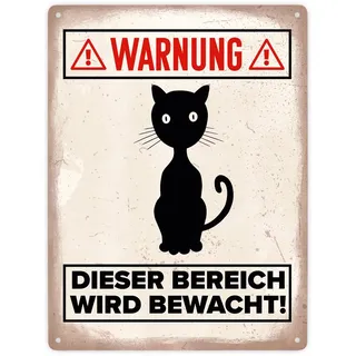 Warnung Bereich wird bewacht Metallschild XXL in 28x38 cm mit Katzen Silhouette witziges Blechschild für Katzenhalter lustige Warnung vor der Katze