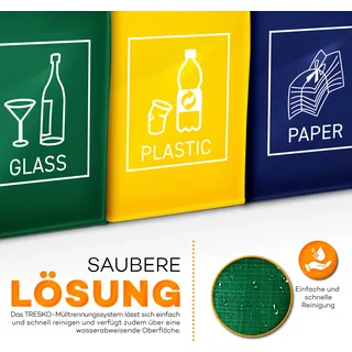 TRESKO 3er Set Recycling Englisch Müll Sortiertaschen Mülltrennsystem Mülleimer Mülltrenner Trennsystem Abfalltrennsystem - Grün, Blau, Gelb
