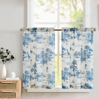 TOPICK Leinen Scheibengardinen Toile de Jouy Blickdicht Bistrogardine Shabby Chic Landhaus Vorhang Privatsphäre Fenstervorhang für klein Fenster Küche Bad Wohnzimmer 2er Set 65Bx60H(cm) Blau auf Beige