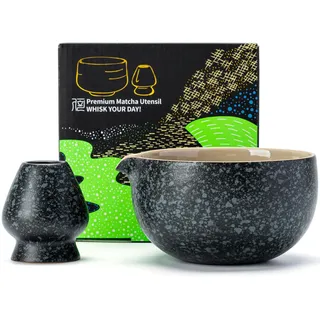 TEANAGOO Matcha-Schale K17 mit Ausgießer & Chasen-Auflage, 510ml Keramik Matcha-Chawan mit natürlicher Felsstruktur, Rocky-Schwarz/Grau