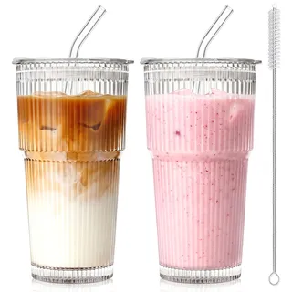 hosck 2 Stück 600ml Trinkbecher mit Deckel und Strohhalm, Spülmaschinenfestes Eiskaffee Gläser, Becher mit Deckel und Strohhalm, Glas mit Deckel und Strohhalm, Trinkgläser Set für Kaffee, Tee, Saft
