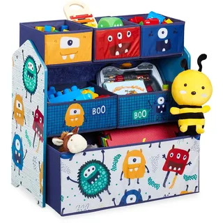 Relaxdays Kinderregal mit 6 Stoffboxen, Monster Design, HxBxT: 66 x 63,5 x 30 cm, Spielzeugregal fürs Kinderzimmer, bunt