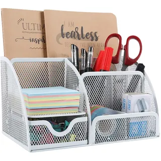 EasyPAG 7 Fächer Metall Schreibtisch Organizer Stiftehalter Stiftköcher Vielseitig Utensilienschalen Büro Organisation Zubehör Ablage mit Schublade,Weiß