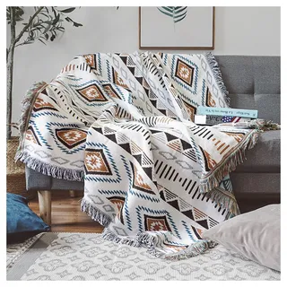 Czyminrout Boho Decke Sofadecke mit Quaste,Sofaüberwürfe Strick Kuscheldecke Bettwurf,Aztekischer ethnischer Stil Decke,für Zuhause,Büro,Reisen, Zelten (Geometrische Muster, 130 * 180cm)
