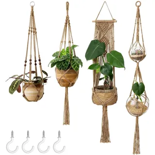 Mkouo Blumenampel Makramee Pflanzenhalter Set of 4 Indoor Wandbehang Pflanzer Korb Blumentopf Halter Boho Home Decor Geschenkbox, Braun
