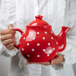 City to Cottage® - Teekanne für 4-6 Tassen | Rot und Weiß | Polka Dots | Handgemacht | Teekanne Keramik Geschirr | 1,7 Liter